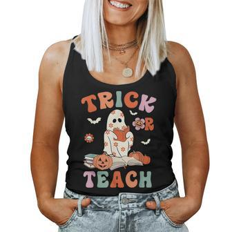 Groovy Halloween Trick Or Teach Retro Floral Ghost Teacher Women Tank Top Weekend Graphic - Seseable