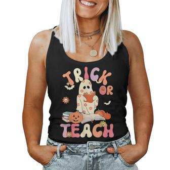 Groovy Halloween Trick Or Teach Retro Floral Ghost Teacher Women Tank Top - Monsterry