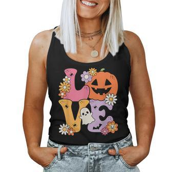 Groovy Love Halloween Floral Pumpkin Ghost Retro Women Tank Top - Thegiftio UK