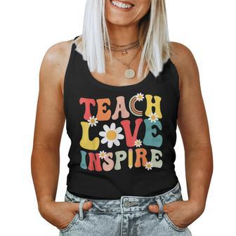 Groovy Retro Teach Love Inspire Back To School Teacher Women Women Tank Top Weekend Graphic - Seseable