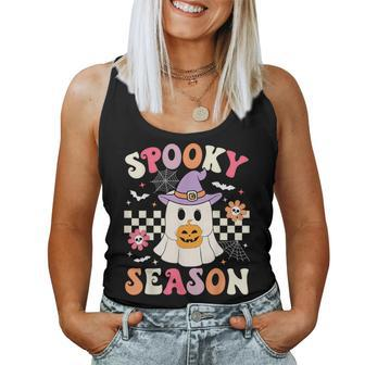 Groovy Spooky Season Retro Ghost Holding Pumpkin Halloween Women Tank Top - Seseable
