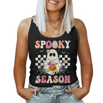 Groovy Spooky Season Retro Ghost Holding Pumpkin Halloween Women Tank Top - Monsterry
