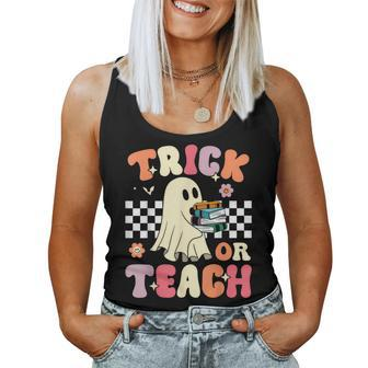 Groovy Teacher Halloween Trick Or Teach Retro Floral Ghost Women Tank Top - Thegiftio UK