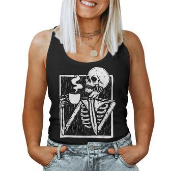 Halloween Coffee Drinking Skeleton Skull Women Tank Top - Seseable