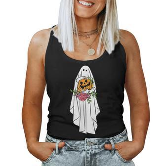 Halloween Costume Vintage Floral Ghost Pumpkin Graphic Pumpkin Women Tank Top | Mazezy