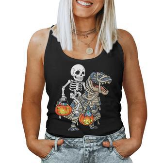 Halloween Skeleton Riding Mummy Dinosaur T Rex Pumpkin Mummy Women Tank Top | Mazezy