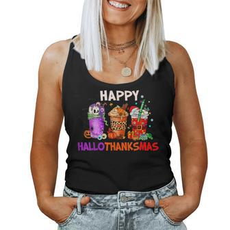Halloween Thanksgiving Christmas Happy Hallothanksmas Coffee Women Tank Top | Mazezy