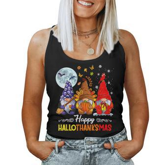 Halloween Thanksgiving Christmas Happy Hallothanksmas Gnomes Women Tank Top - Seseable