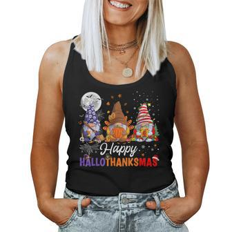 Halloween Thanksgiving Christmas Happy Hallothanksmas Gnomes Women Tank Top | Mazezy