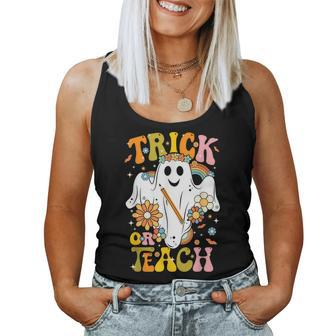 Halloween Trick Or Teach Groovy Retro Ghost Floral Teacher Women Tank Top - Thegiftio UK