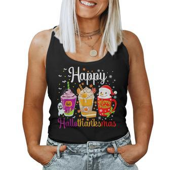 Happy Hallothanksmas Drinks Halloween Thanksgiving Christmas Women Tank Top - Seseable