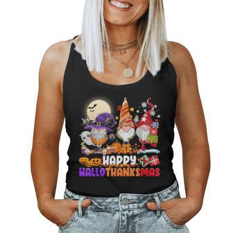 Happy Hallothanksmas Gnome Halloween Thanksgiving Christmas Women Tank Top - Monsterry DE