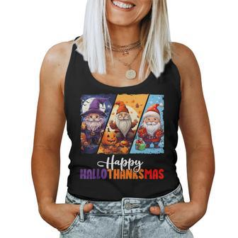Happy Hallothanksmas Gnomes Halloween Thanksgiving Christmas Women Tank Top | Mazezy