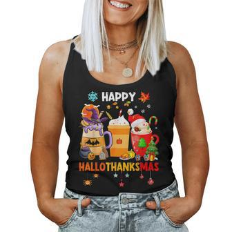 Happy Hallothanksmas Halloween Coffee Latte Thanksgiving Women Tank Top - Monsterry