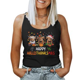 Happy Hallothanksmas Highland Cow Print Halloween Christmas Women Tank Top - Seseable