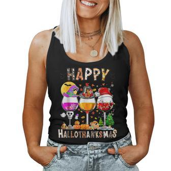 Happy Hallothanksmas Wine Glasses Halloween Thanksgiving Women Tank Top - Seseable