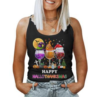 Happy Hallothanksmas Wine Glasses Witch Santa Hat Pumpkin Wine  Women Tank Top