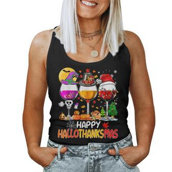 Happy Hallothanksmas Wine Glasses Witch Santa Hat Pumpkin Women Tank Top - Seseable