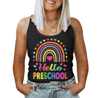 Hello Preschool Teacher Leopard Rainbow Back To School Women Tank Top Weekend Graphic - Seseable