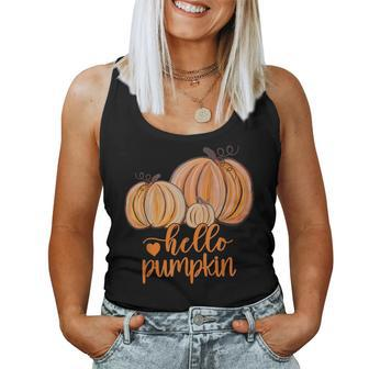 Hello Pumpkin Fall Halloween Graphic Happy Halloween Women Tank Top - Monsterry CA