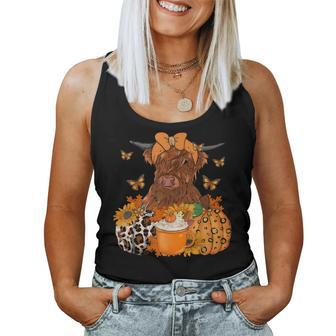 Highland Cow Fall And Leaves Pumpkins Autumn Thanksgiving Women Tank Top - Monsterry