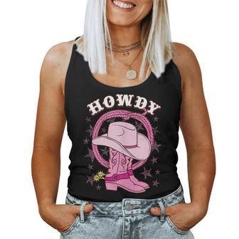 Howdy Pink Cowboy Hat Boots Country Western Rodeo For Women Rodeo Women Tank Top | Mazezy