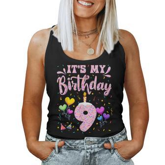 It's My 9Th Birthday Girl Doughnut Happy 9 Years Old Girls Women Tank Top - Seseable