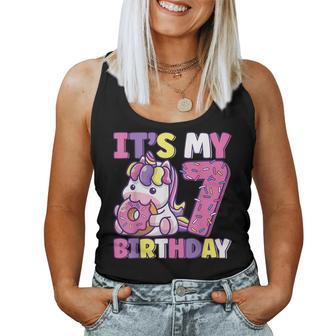 Its My 7Th Birthday Party Cute Girls Donut Birthday Unicorn Women Tank Top Weekend Graphic - Seseable