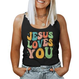 Jesus Loves You Retro Groovy Style Graphic Design Women Women Tank Top - Seseable