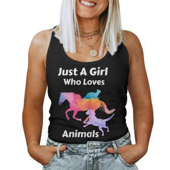Just A Girl Who Loves Animals Dog Cat Horse Women Tank Top Weekend Graphic - Monsterry