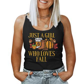 Just A Girl Who Loves Fall Pumpkin Spice Leaves Autumn Women Pumpkin Women Tank Top | Mazezy
