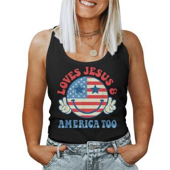 Loves Jesus And America Too Groovy God Christian 4Th Of July Women Tank Top | Mazezy