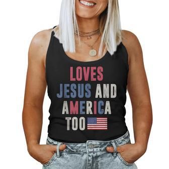 Loves Jesus And America Too Retro 4Th Of July Proud Usa Flag Usa Women Tank Top | Mazezy
