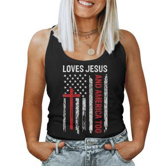 Loves Jesus America Too Flag 4Th Of July Christian Religious Women Tank Top Basic Casual Daily Weekend Graphic - Seseable