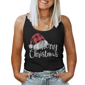 Merry Christmas Cute Plaid Santas Hat Xmas Women Tank Top - Seseable