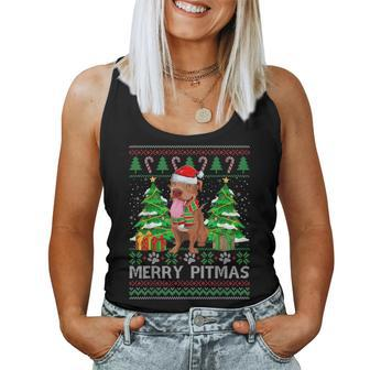 Merry Pitmas Santa Pitbull Dog Xmas Ugly Christmas Sweater Women Tank Top | Mazezy