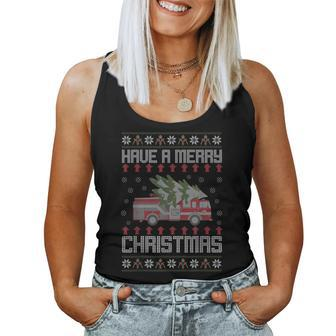 Merry Xmas Ugly Christmas Sweater Fireman Firefighter Women Tank Top - Seseable