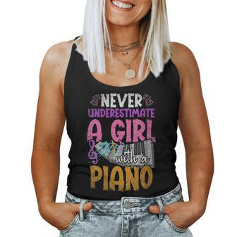 Never Underestimate A Girl With A Piano Music Notes Pianist Gift For Womens Women Tank Top Basic Casual Daily Weekend Graphic - Seseable
