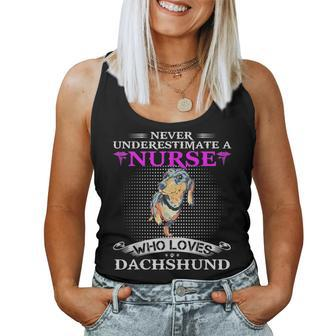 Never Underestimate A Nurse Who Loves Dachshund Dog Funny Women Tank Top Basic Casual Daily Weekend Graphic - Seseable