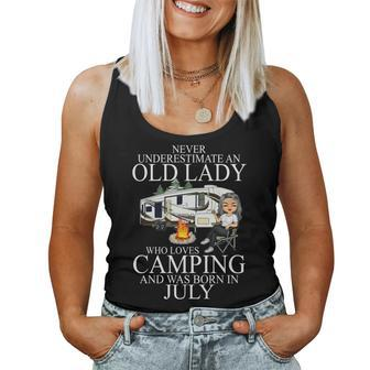 Never Underestimate An Old Lady Who Loves Camping July Women Tank Top Basic Casual Daily Weekend Graphic - Seseable