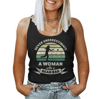 Never Underestimate Woman With Bean Bag Cornhole Gift For Womens Women Tank Top Basic Casual Daily Weekend Graphic - Seseable