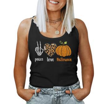 Peace Love Skeleton Fall Pumpkin Leopard Halloween Women Halloween Women Tank Top | Mazezy