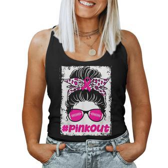 Pink Out Ou Breast Cancer Football Messy Bun Cheer Bleached Women Tank Top - Seseable
