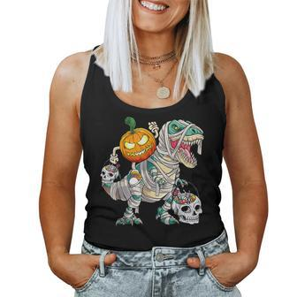 Pumpkin Riding Mummy Dinosaur T Rex Halloween Skeleton Women Tank Top | Mazezy DE