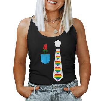 Rainbow Heart Tie Tux Costume Suit Pocket With Rose Women Tank Top | Mazezy
