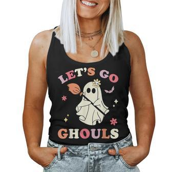 Retro Groovy Let's Go Ghouls Cute Halloween Ghost 70S Hippie Women Tank Top - Seseable