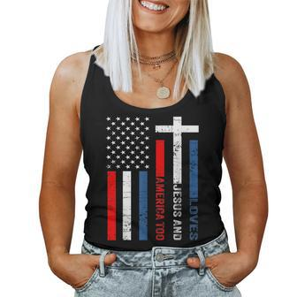 Retro Loves Jesus & America Too Christ 4Th Of July Usa Flag Usa Women Tank Top | Mazezy