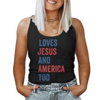 Retro Loves Jesus And America Too God Christian 4Th Of July Women Tank Top Basic Casual Daily Weekend Graphic - Seseable