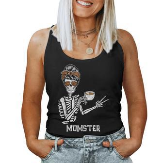 Retro Messy Bun Skeleton Drinking Coffee Momster Mama Mom Women Tank Top - Seseable