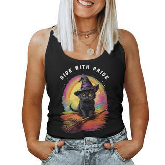Ride With Pride Queer Witchy Lgbt Rainbow Cat Meme Halloween Women Tank Top - Monsterry